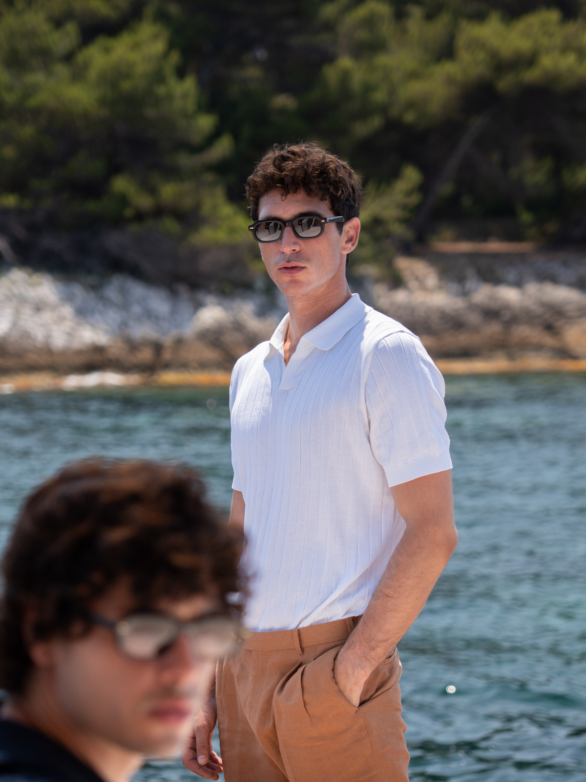 Ribbed Buttonless Polo - White