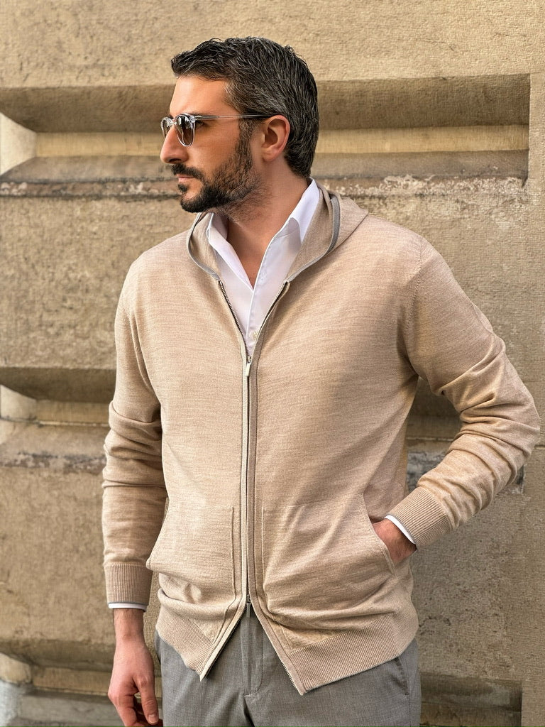 HOODED CARDIGAN ZIPPED - SAND