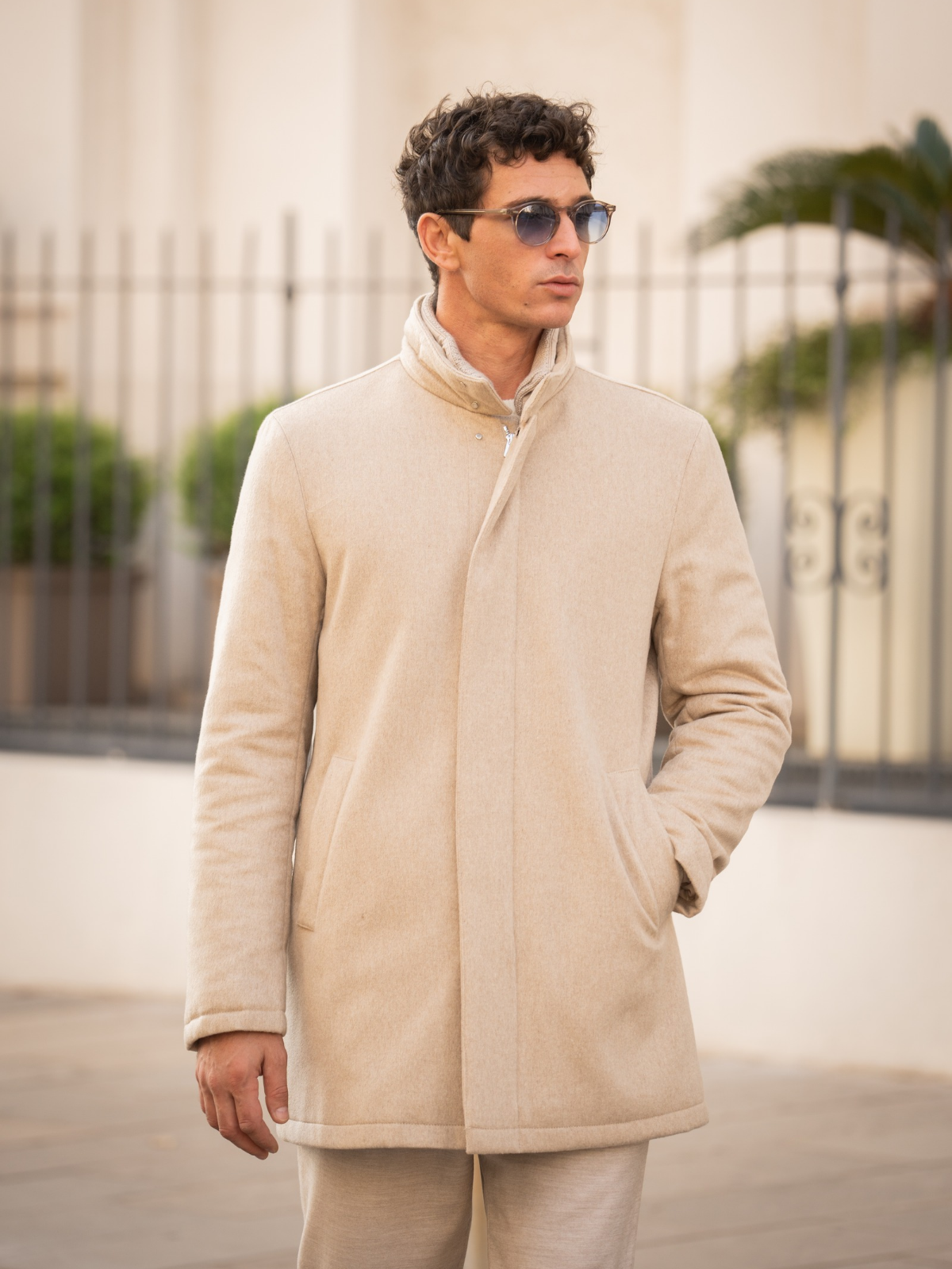 Smart Coat with Knitted Collar - Cashmere Sand