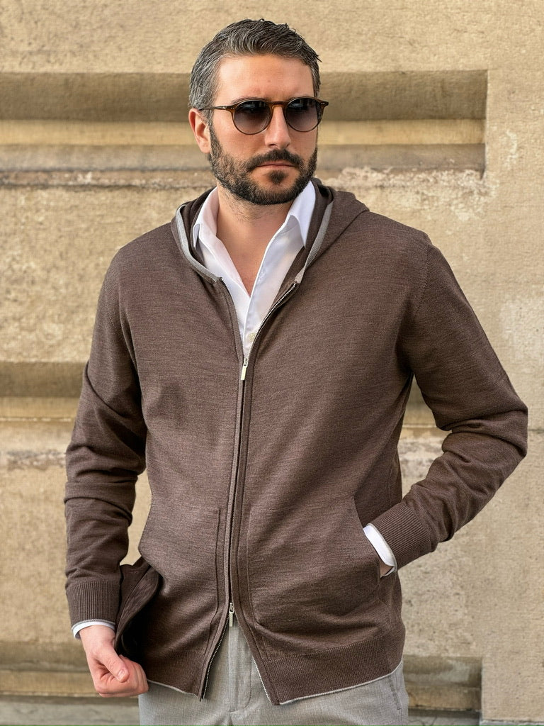 HOODED CARDIGAN ZIPPED - TAUPE