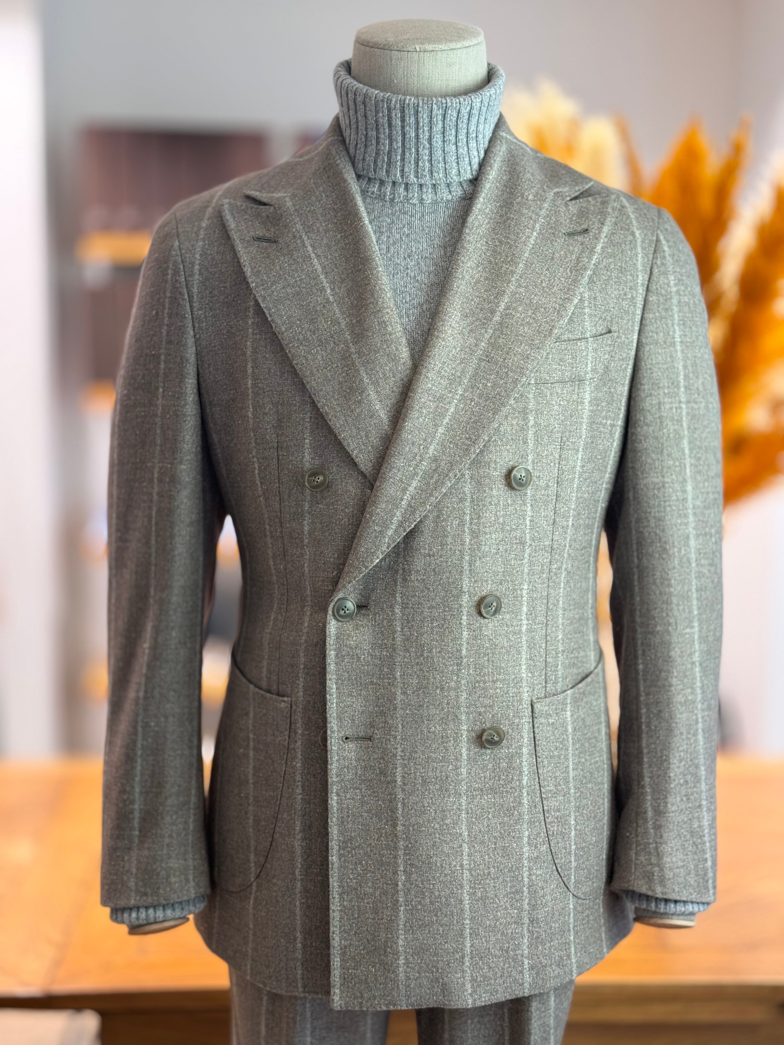 DOUBLE BREASTED SUIT ALPACA - TAUPE WITH GREY STRIPES