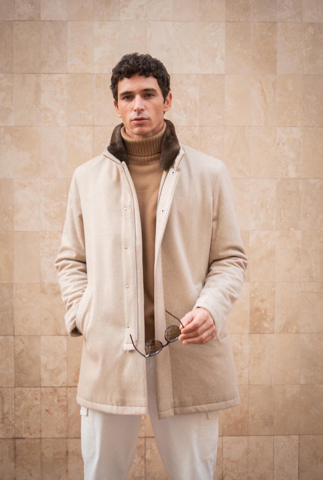 Smart Coat with fur collar - Cashmere Sand