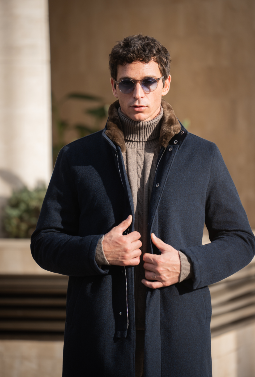 Smart Coat with Fur Collar - Wool Navy