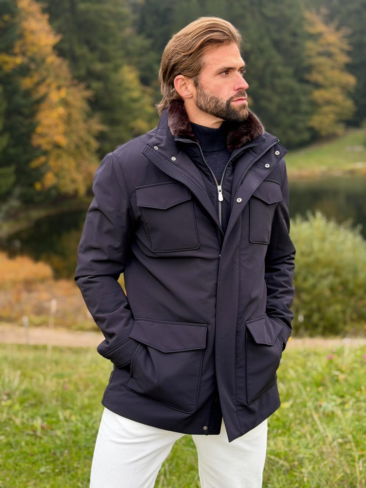 Waterproof Field Jacket with Fur Collar - Navy
