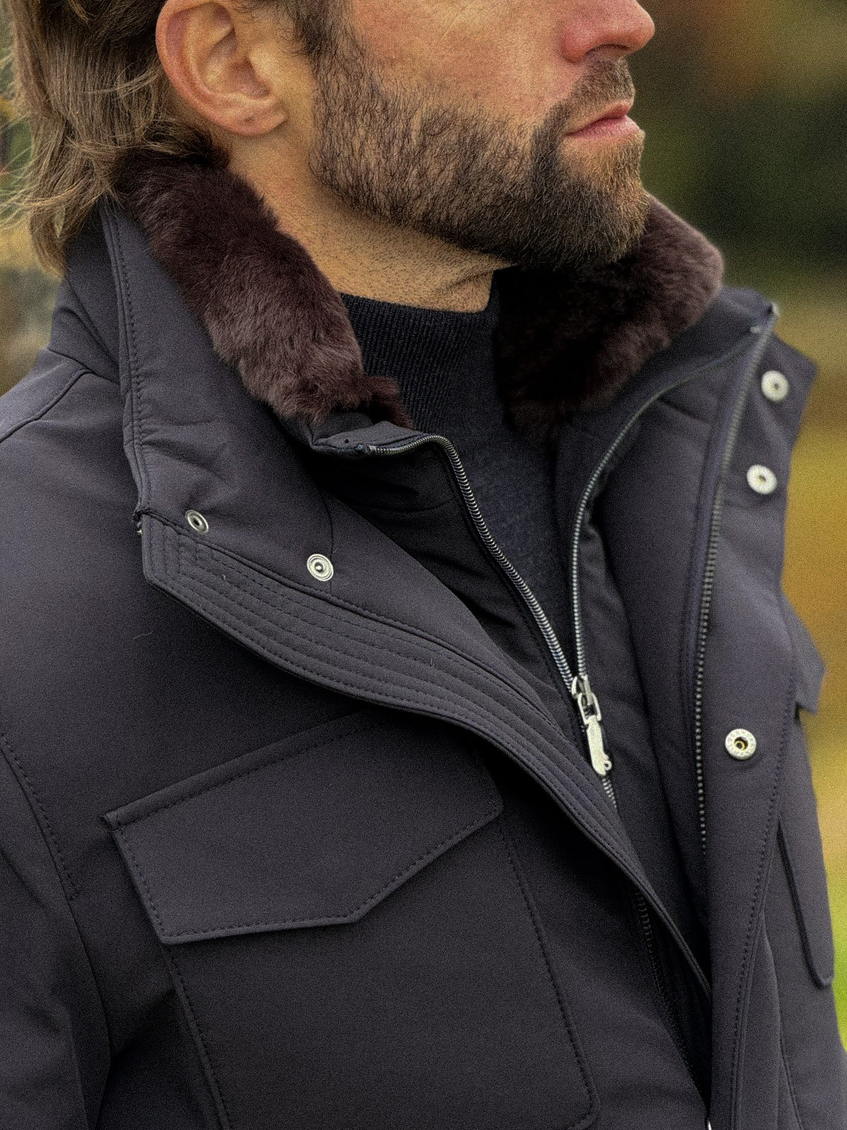 Waterproof Field Jacket with Fur Collar - Navy