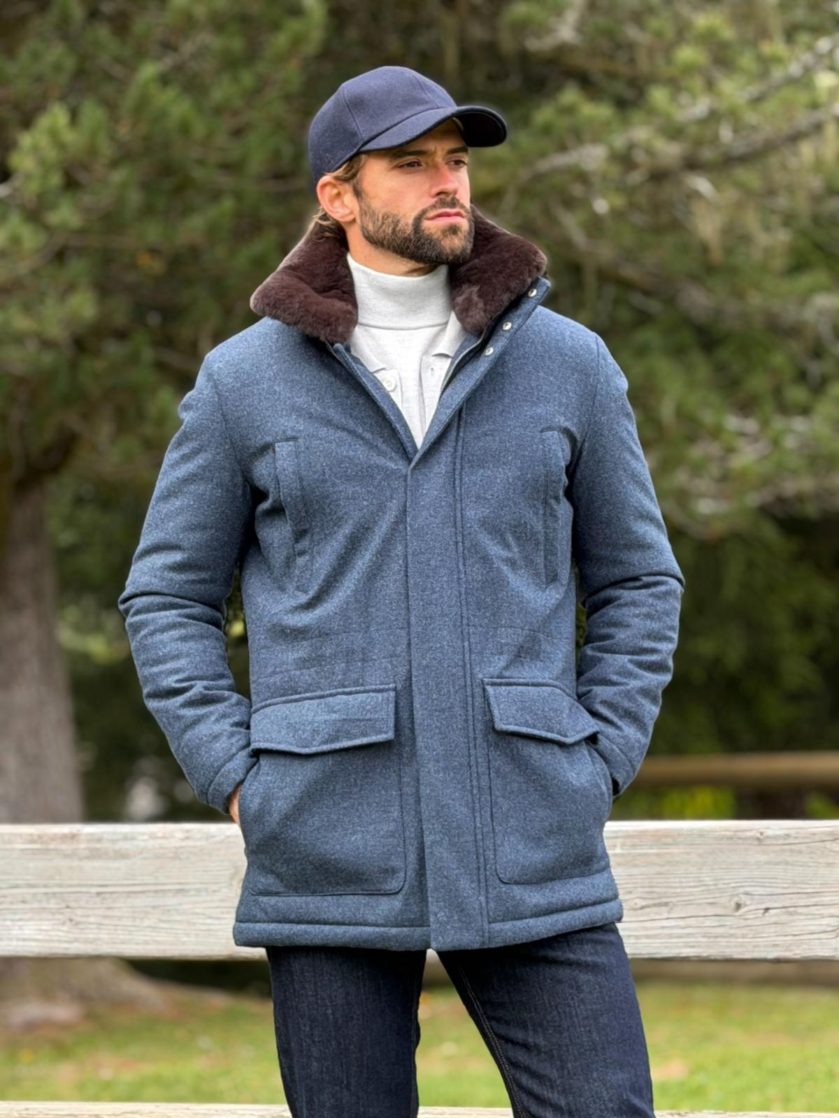 Voyager Coat with Fur Collar - Steel Blue
