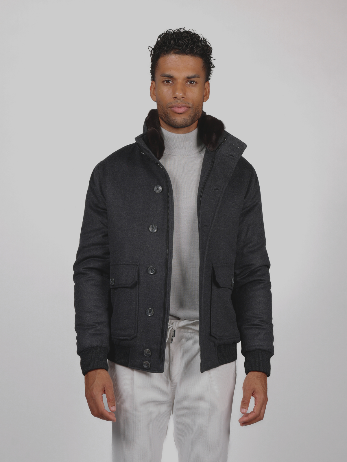 Blouson with Fur Collar - Charcoal
