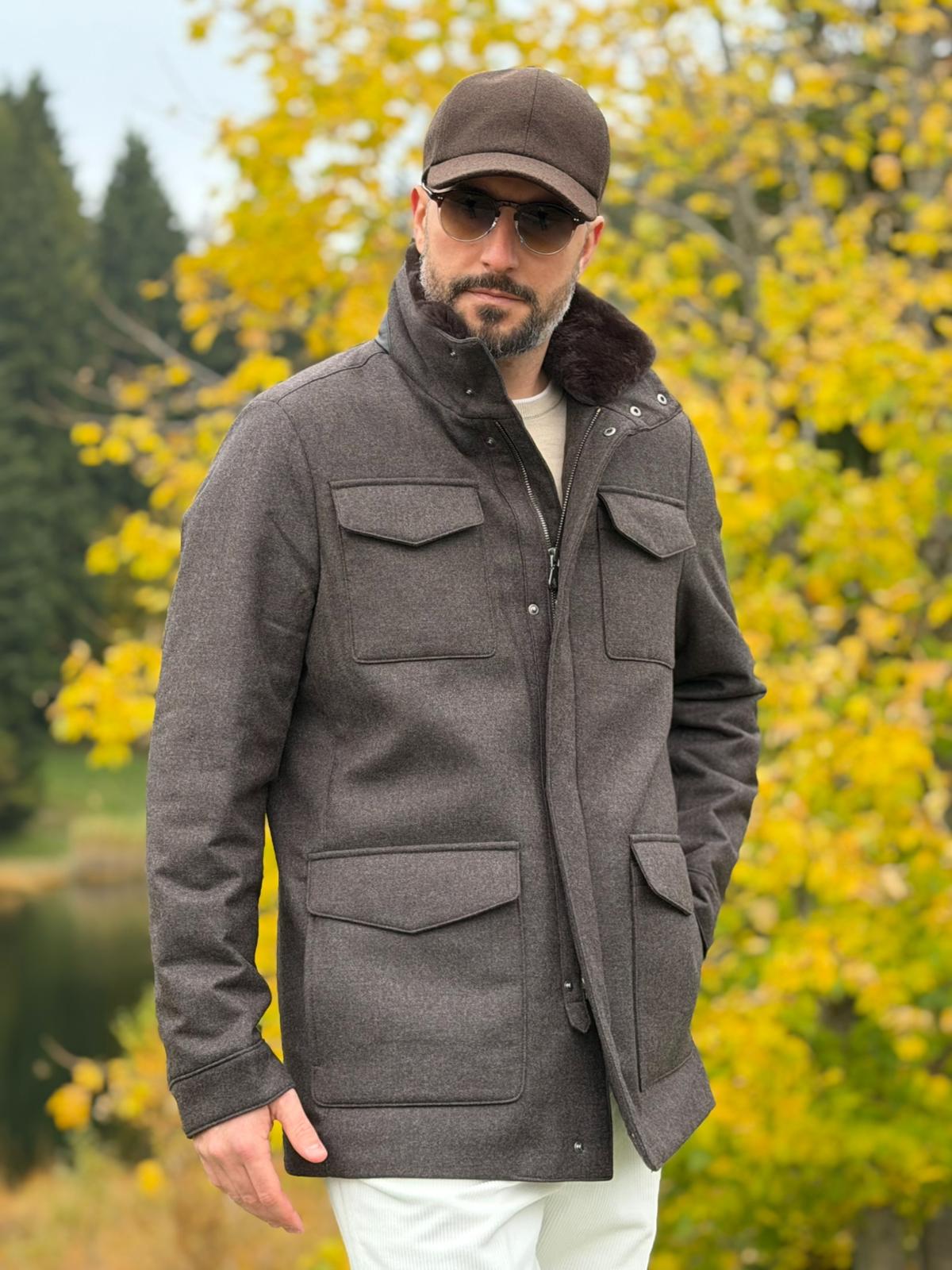 Field Jacket with Fur Collar - Chocolate