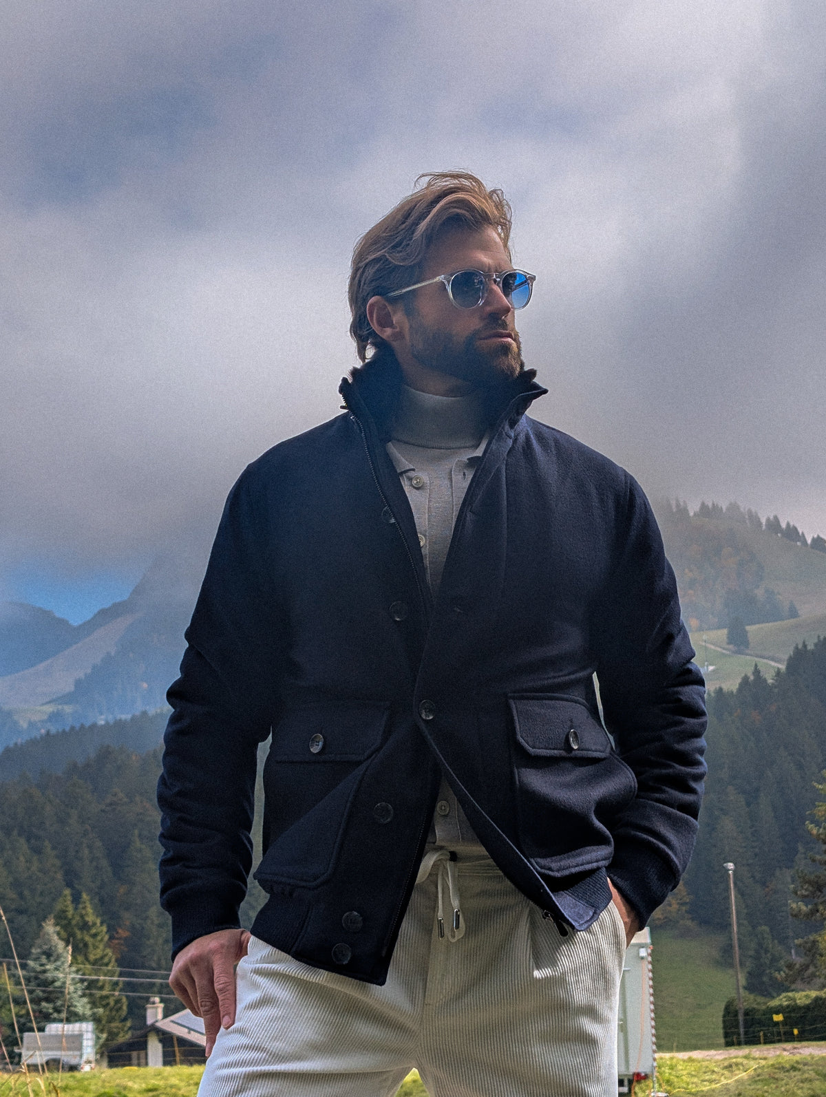 Blouson with Fur Collar - Navy